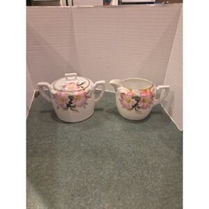 Vintage Noritake AZALEA Sugar Bowl w/ Lid & Creamer Hand Painted Pink Flowers